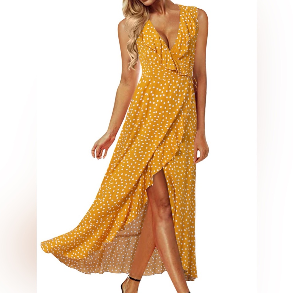 NWT Max & Ash Nordstrom Mustard Yellow Ruffled Wrap Polkadot Maxi Dress Spring